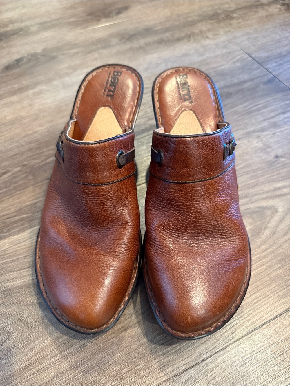 BORN Brown Leather Wedge Clogs 9 - Picture 2 of 7